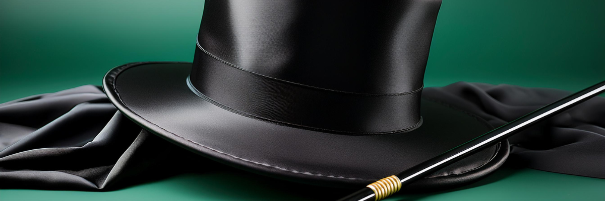 Office Halloween Costume. A black magician's top hat, cape, and wand are lying on the floor in a pile. The background is a soft, muted green color.