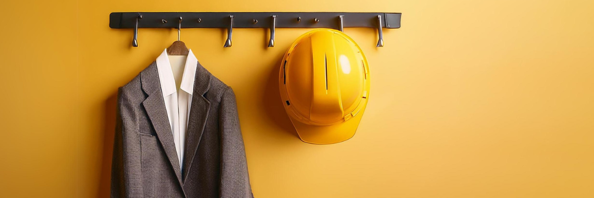 Office Halloween Costume. A gray suit and a hard hat hang on a yellow wall.