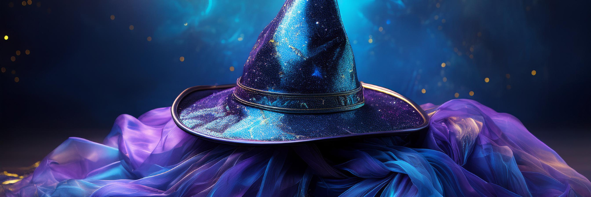 Office Halloween Costume. A purple and sparkly pointed wizard hat sits on top of some sparkly blue and purple wizard robes in front of a soft blue background.