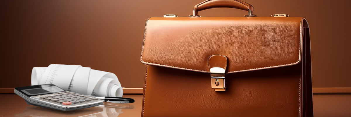 Office Halloween Costume. A brown briefcase sits on the floor in front of a brown wall background. A calculator, rolled up paper, and a pen are a short distance behind and away from the briefcase to the left.