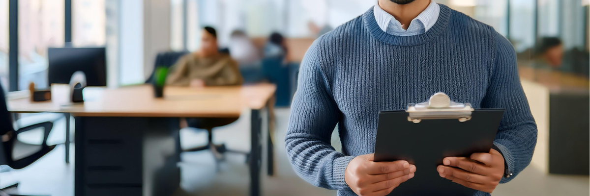 Office Halloween Costume. A man wearing a cozy blue sweater is standing and holding a clipboard. The background behind him is a slightly blurred office setting.