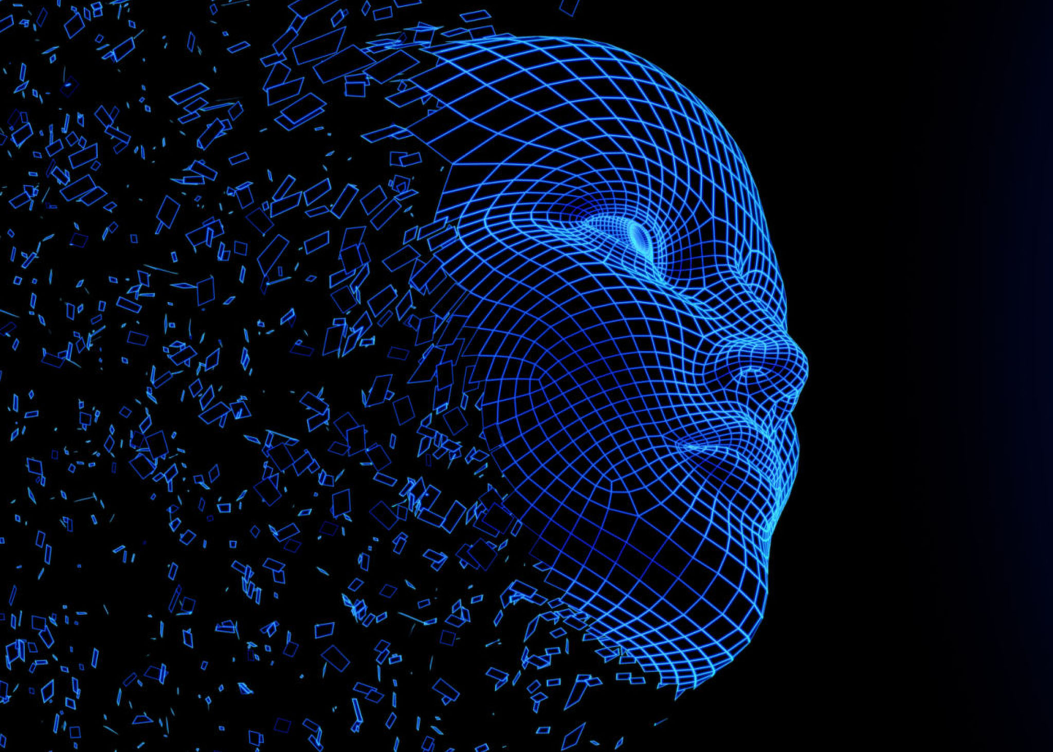 AI_image_5 Digital human face. Artificial intelligence AI. Dispersion dissolve disintegration. 3d Render illustration.